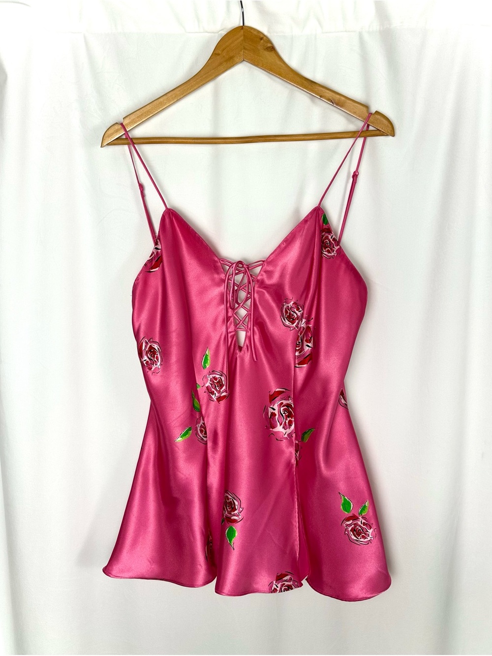 Vintage La Senza Pink Satin Rose Lace Up Babydoll Camisole Y2K Medium - Picture 14 of 16